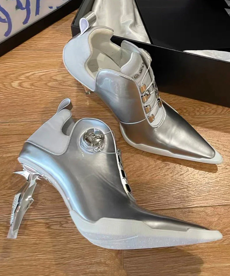 European And American Style Silver Splicing High Heel Boots Pointed Toe - Image 5
