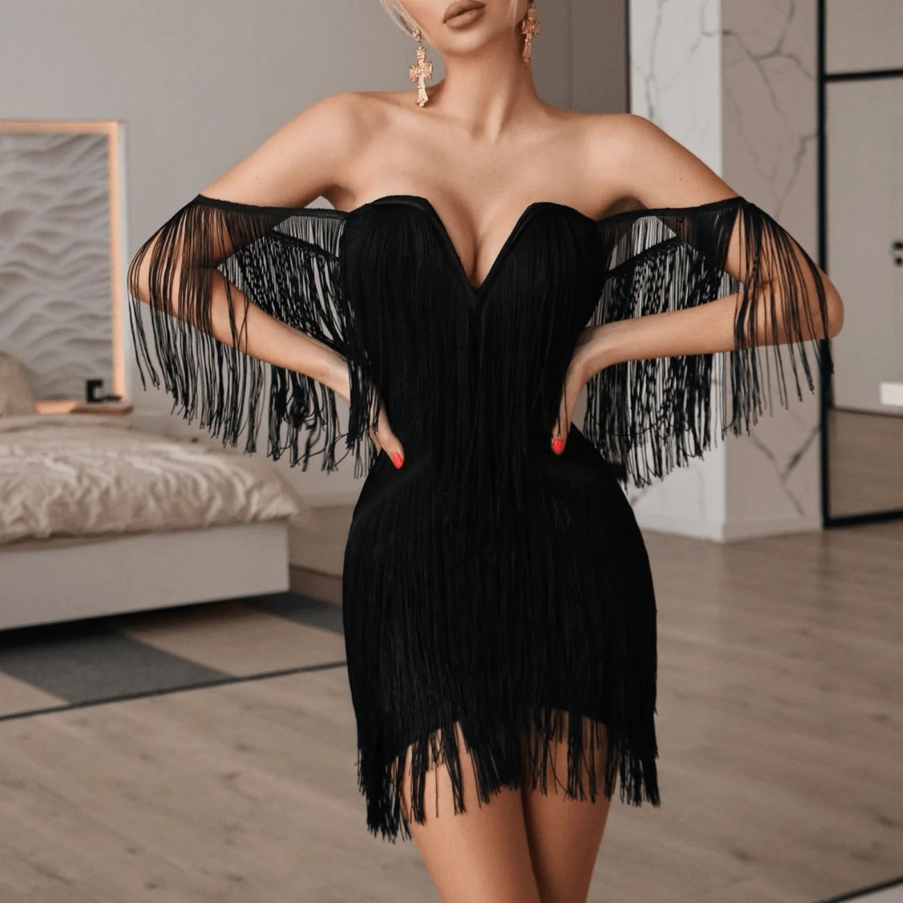 Exotic Cruise Tassel Off Shoulder Mini Dress - Image 3