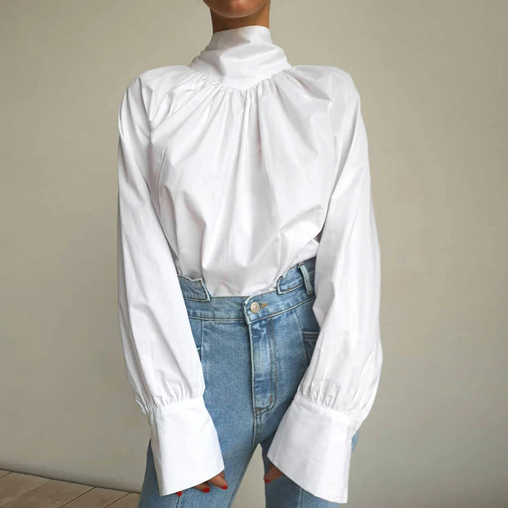Fabulous Solid Color Ruched Bow Tie Trim High Neck Long Sleeve Blouse - White - Image 3