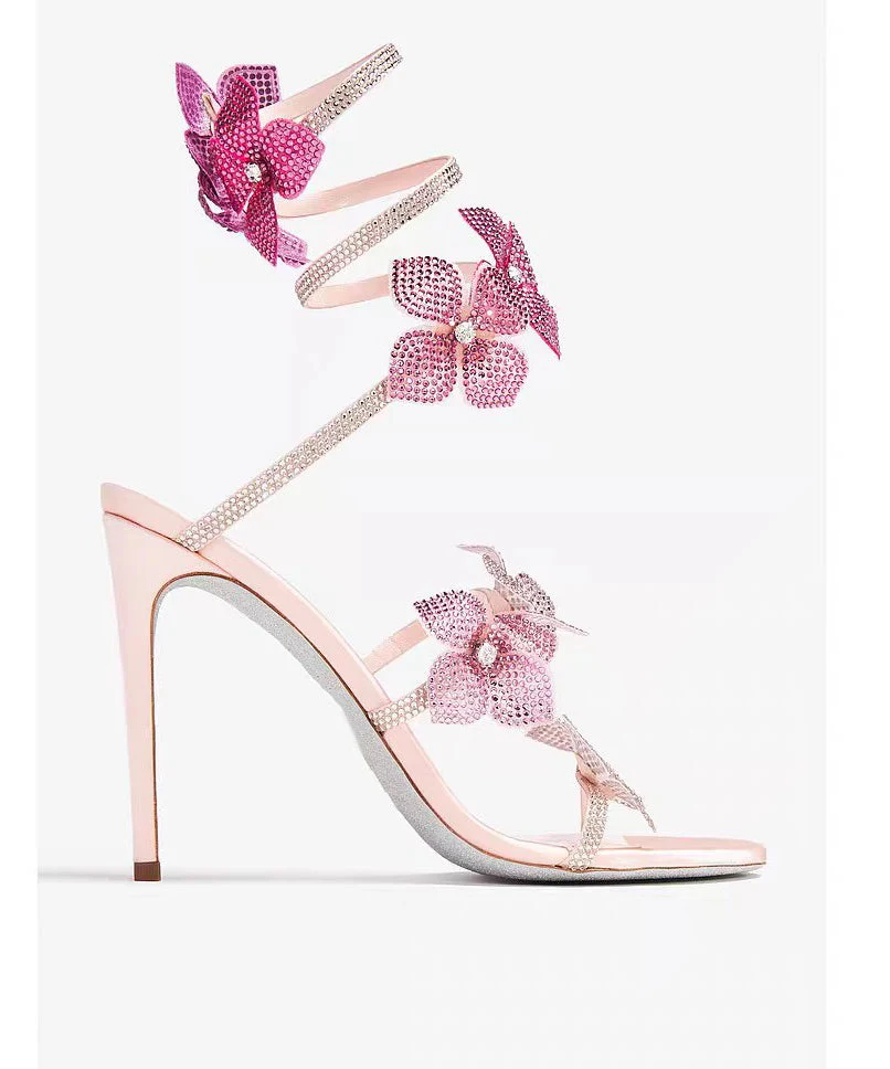Faux Floral Splicing Zircon Sandals Boutique Stiletto Leather - Image 5