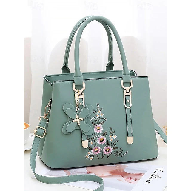 Faux Handbag Embroidery Floral with Leather Green