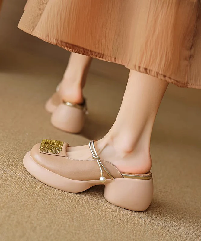 Faux Sandals Splicing Heel Leather Chunky Apricot Slide New - Image 4