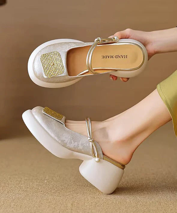 Faux Sandals Splicing Heel Leather Chunky Apricot Slide New - Image 5