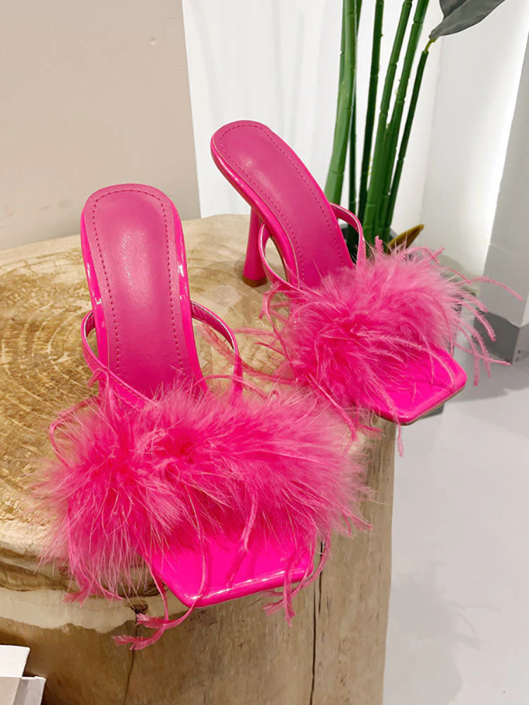 Feather Fur High Heel Mules - Image 15