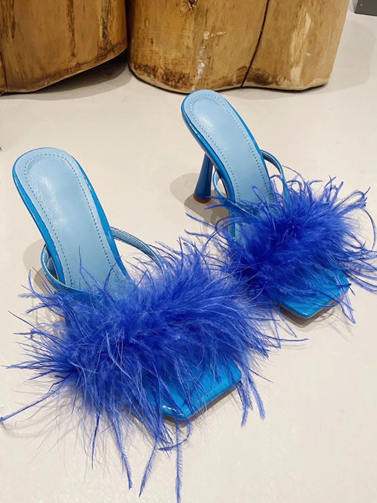 Feather Fur High Heel Mules - Image 2