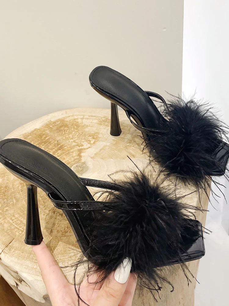 Feather Fur High Heel Mules - Image 32