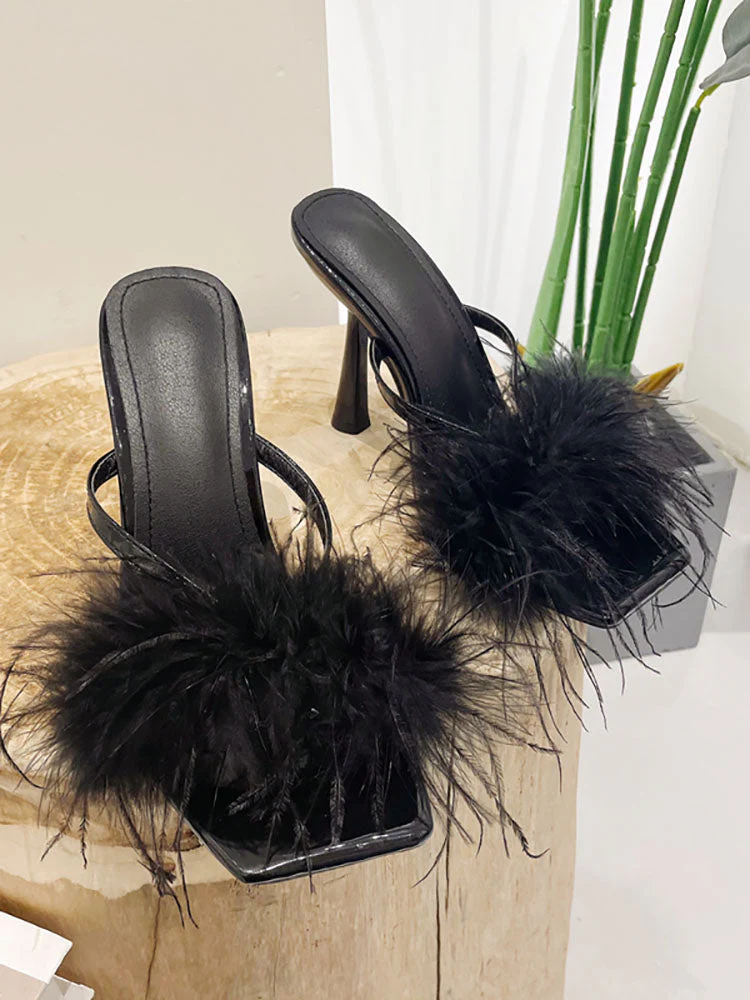 Feather Fur High Heel Mules - Image 33