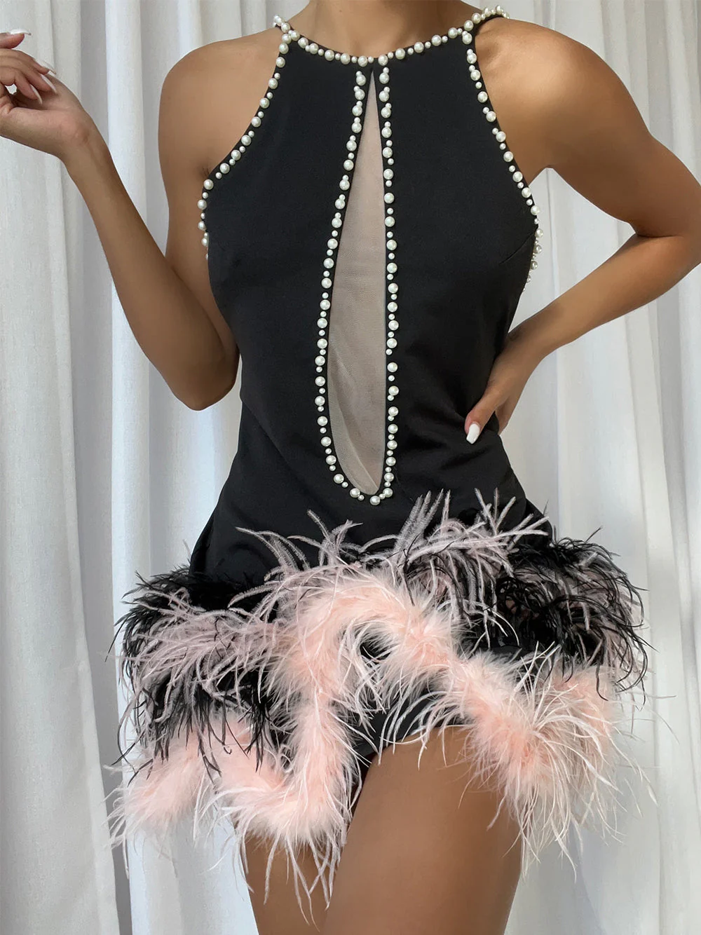FERENE Feathers & Pearls Mini Dress - Image 4