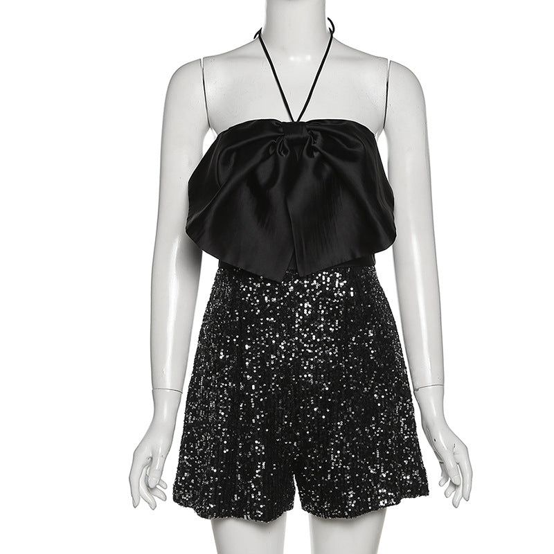 First Date Big Bow Sparkle Sequin Halter Jumpsuit - Image 7