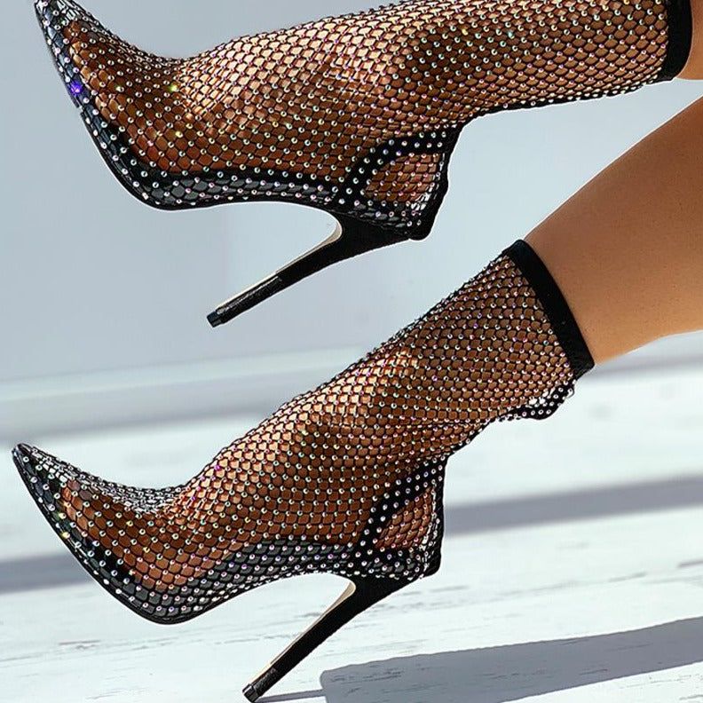 Glimmer Rhinestone Mesh Heel Boots - Image 15