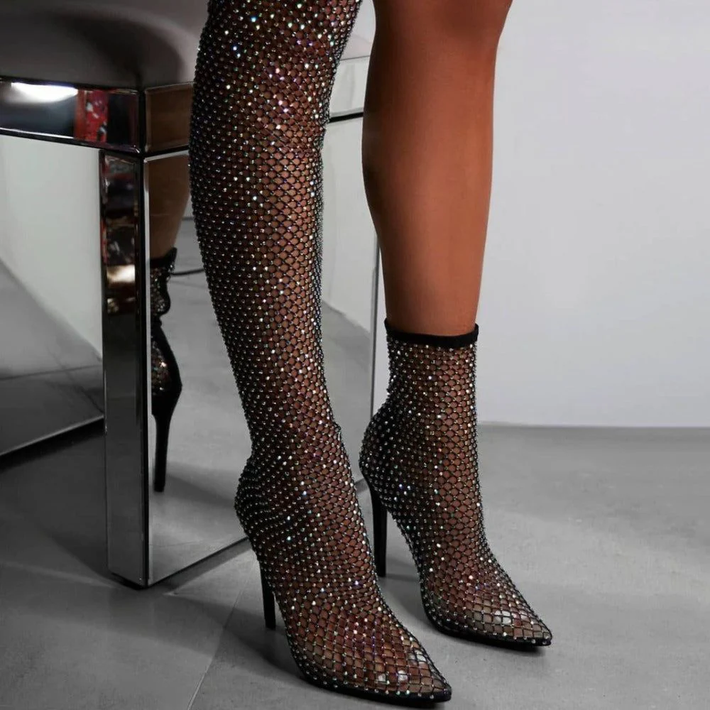 Glimmer Rhinestone Mesh Heel Boots - Image 7