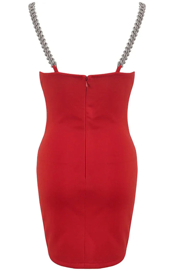 Flame V Neck Chain Strap Bodycon Party Mini Dress - Red - Image 5