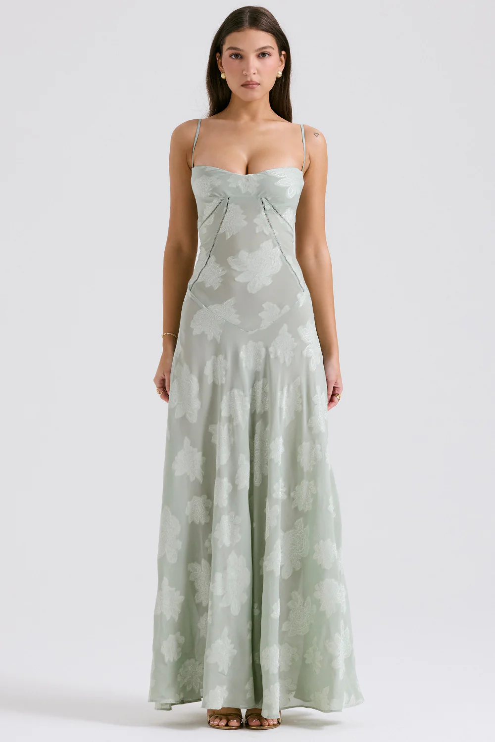 Floral Cowl Neck High Slit Slip Midi Dress - Sage Green - Image 12