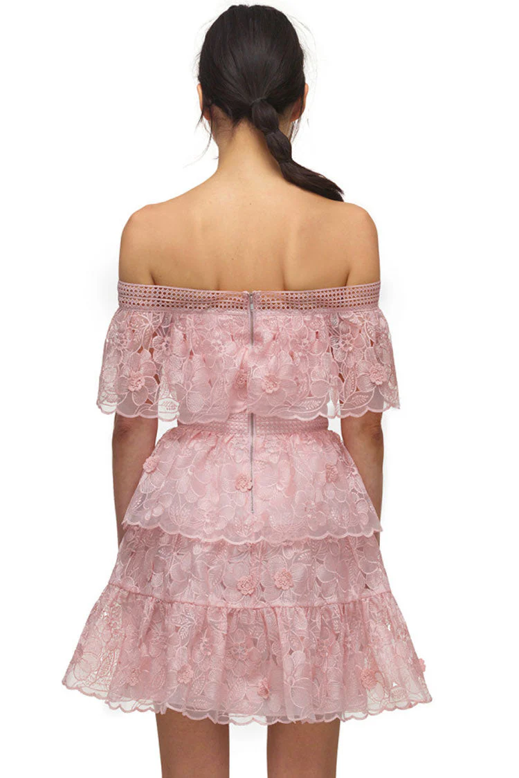 Floral Embroidered Off Shoulder Tiered Mini Dress - Blush Pink - Image 3