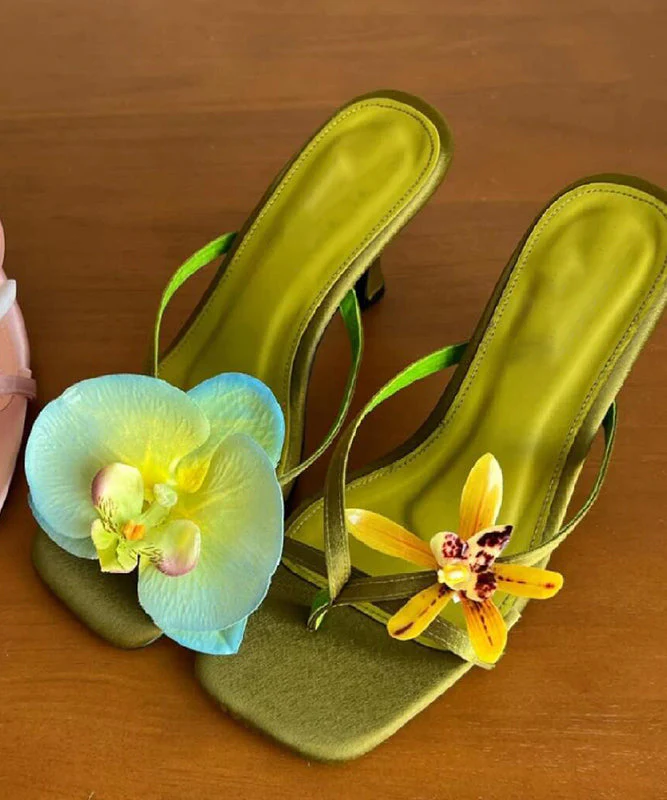 Floral Flip Stiletto Heels Silk Asymmetrical Flops Handmade Green - Image 5