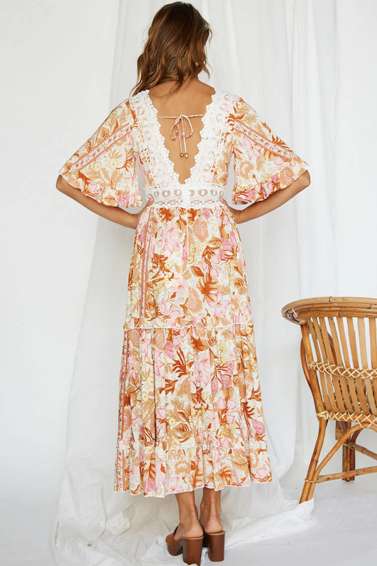 Floral Half Sleeve Lace Panel V Neck Maxi Beach Vacation Dress - Floral - Image 4