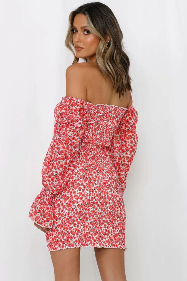 Floral Off Sleeve Ruched Bodycon Smocked Mini Dress - Red - Image 3