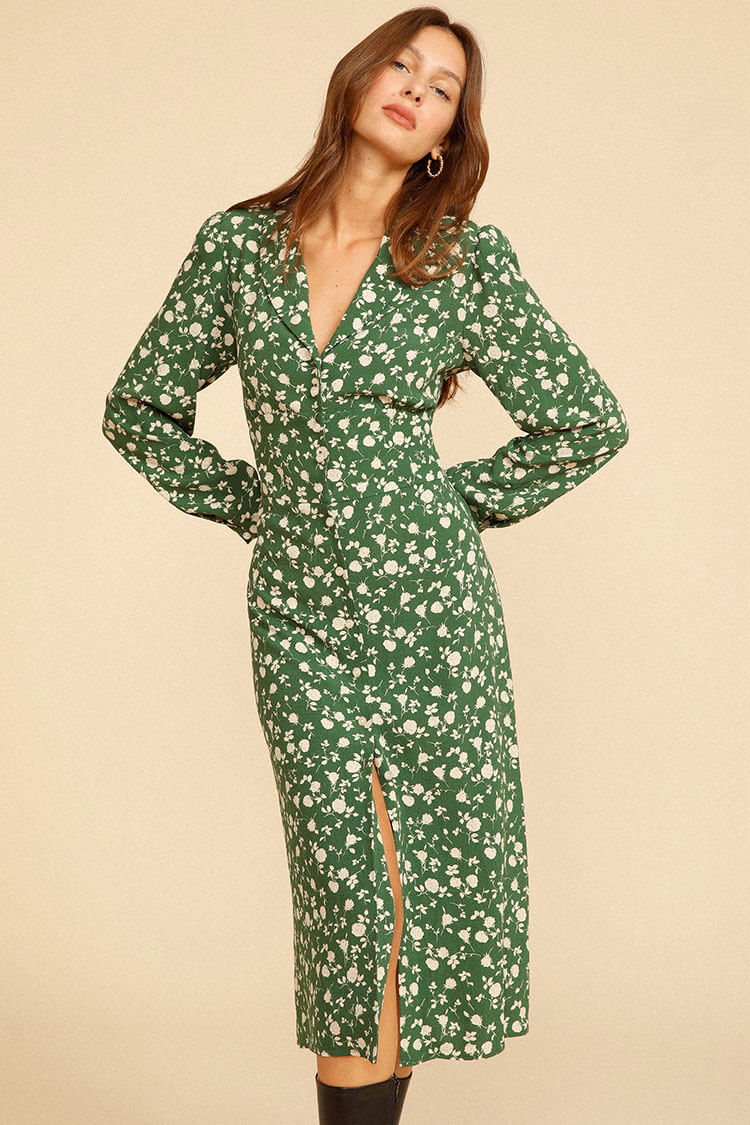 Floral Print Long Sleeve Button Up French Shirt Midi Dress - Green - Image 3