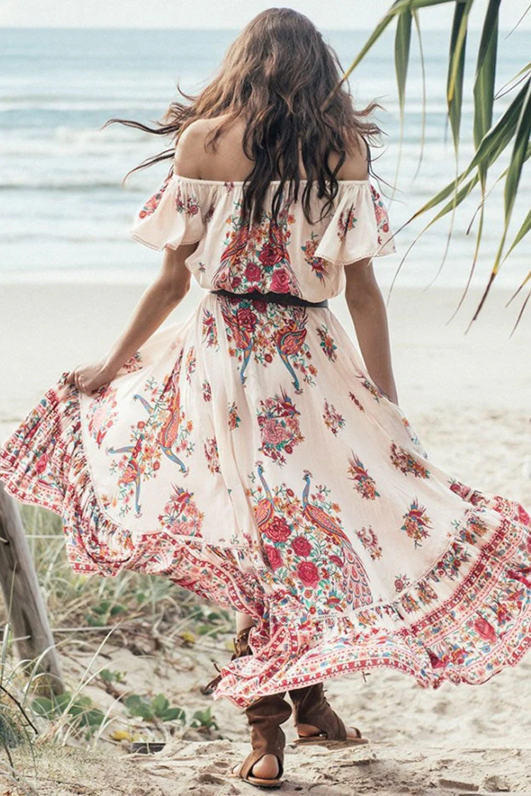Floral Print Off Shoulder Cutout High Low Boho Style Maxi Dress - Red - Image 3