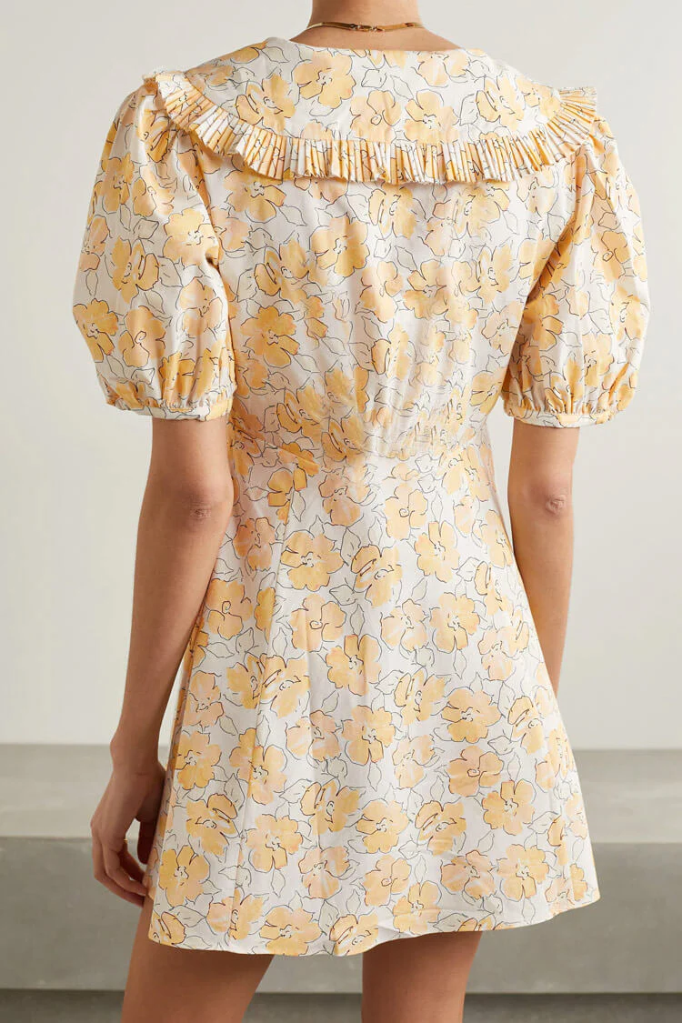 Floral Print Puff Sleeve Ruffle Collared Summer Mini Dress - Yellow - Image 2