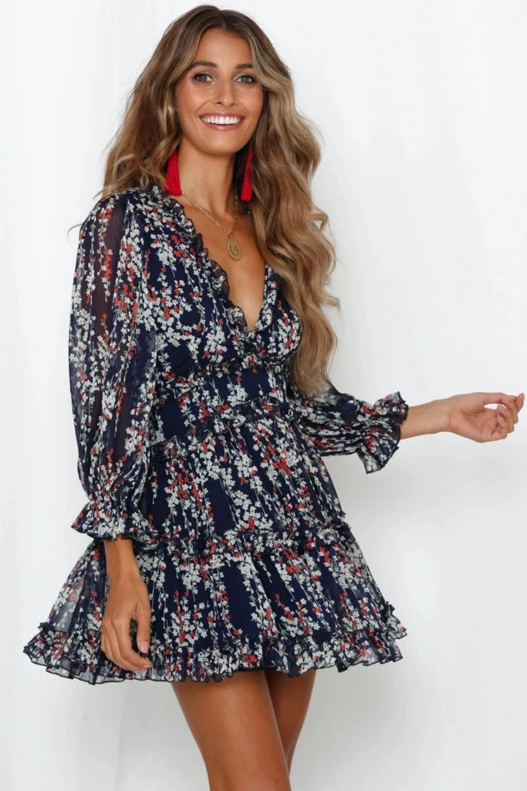 Floral Print V Neck Chiffon Ruffle Beach Vacation Dress - Navy Blue - Image 2