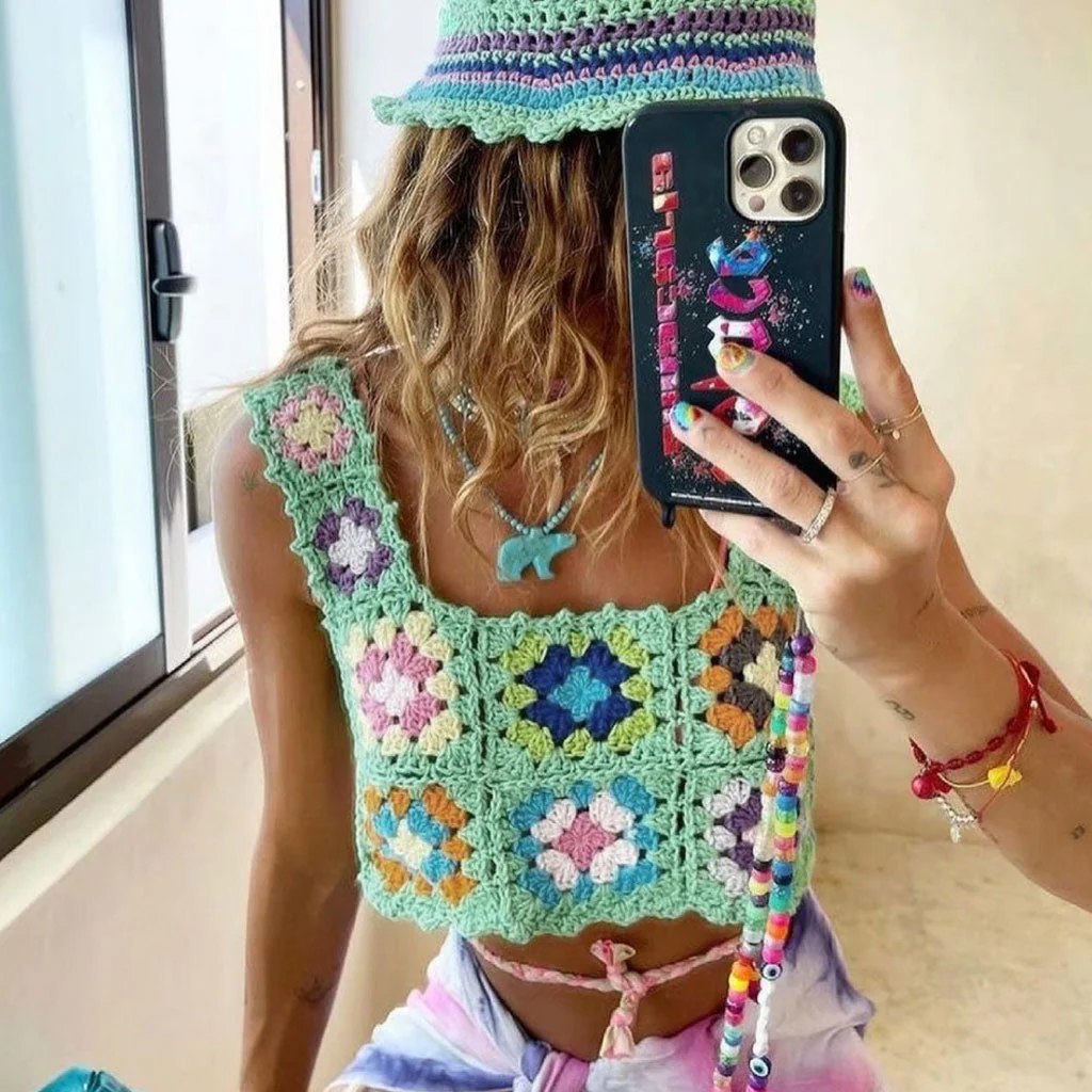Floral Pullover Square Neck Crochet Knit Tank Top - Mint - Image 2