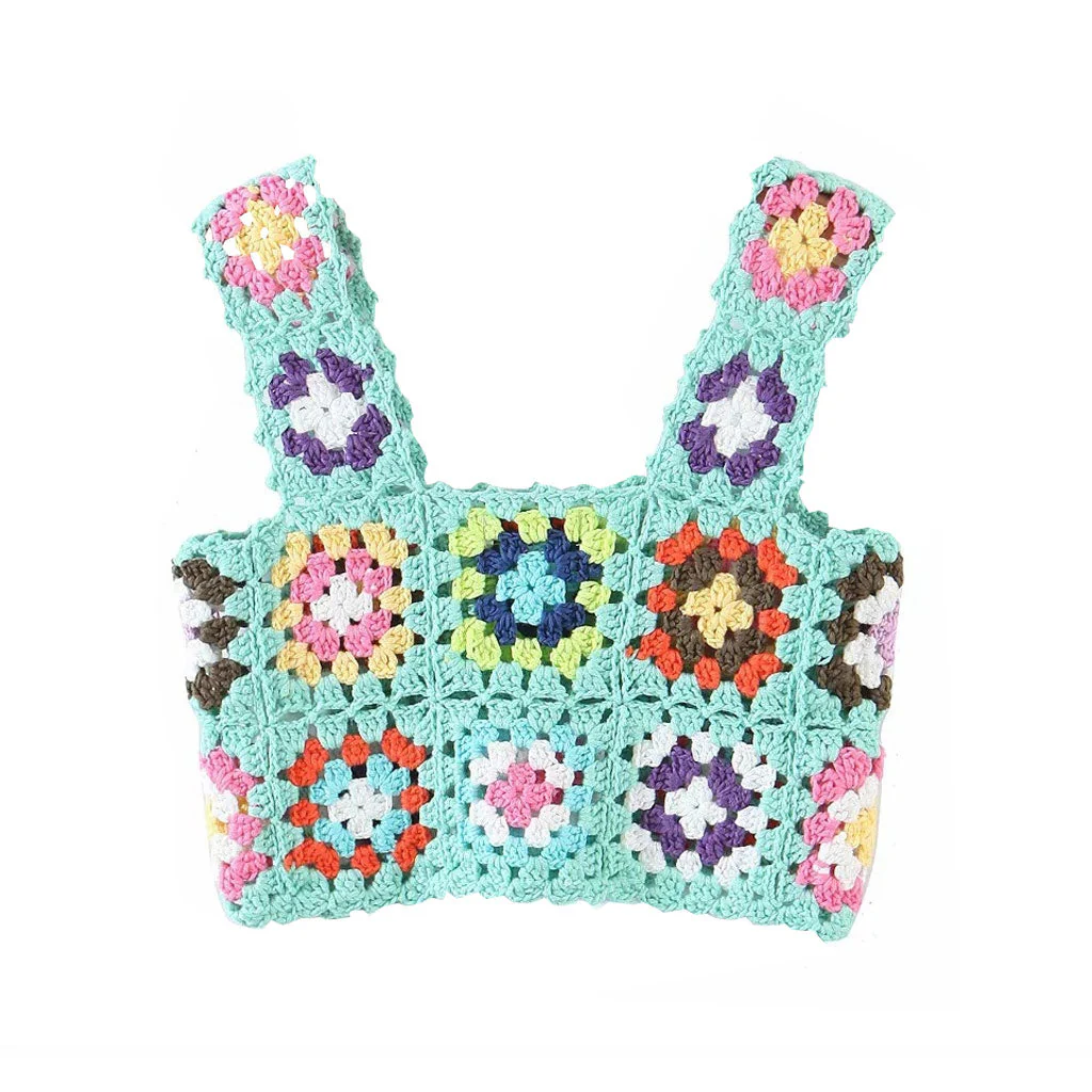 Floral Pullover Square Neck Crochet Knit Tank Top - Mint - Image 4