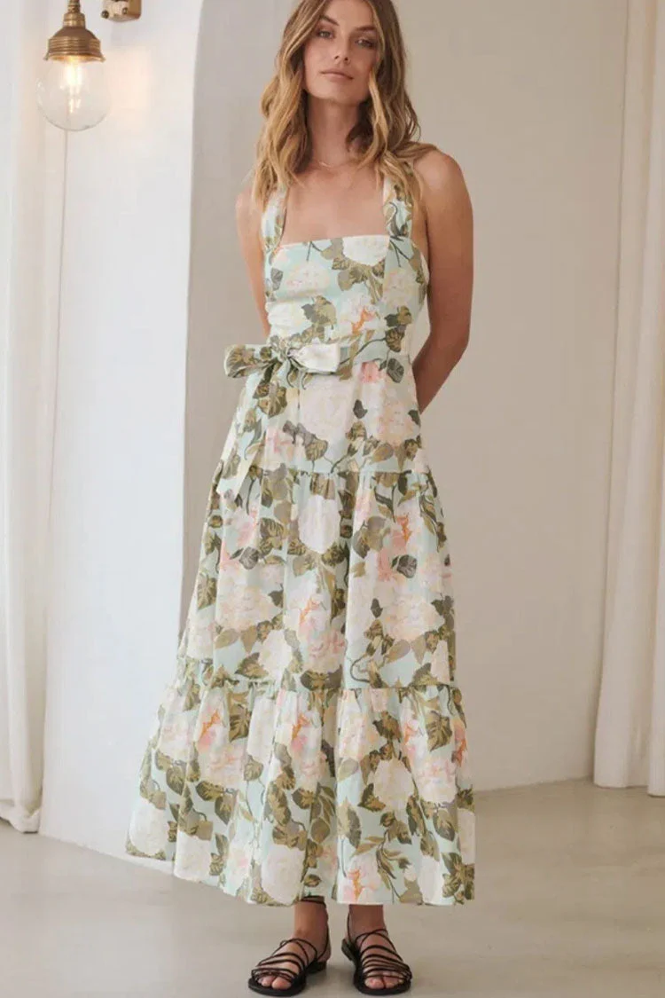Flowy Bow Tie Smocked Sleeveless Midi Beach Vacation Dress - Floral - Image 2