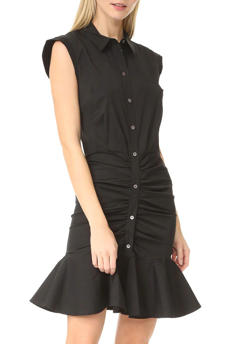 Flowy Fishtail Button Up Sleeveless Ruched Shirt Mini Dress - Black - Image 2