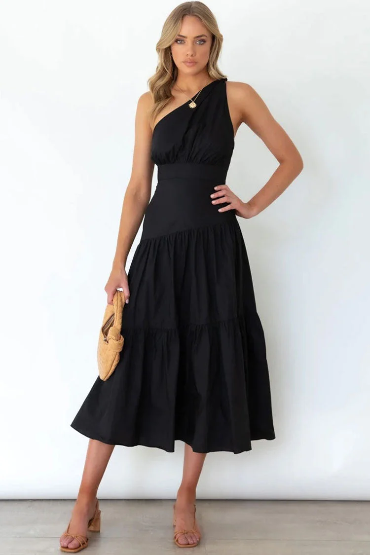Flowy One Shoulder Tiered Beach Vacation Midi Dress - Black - Image 2