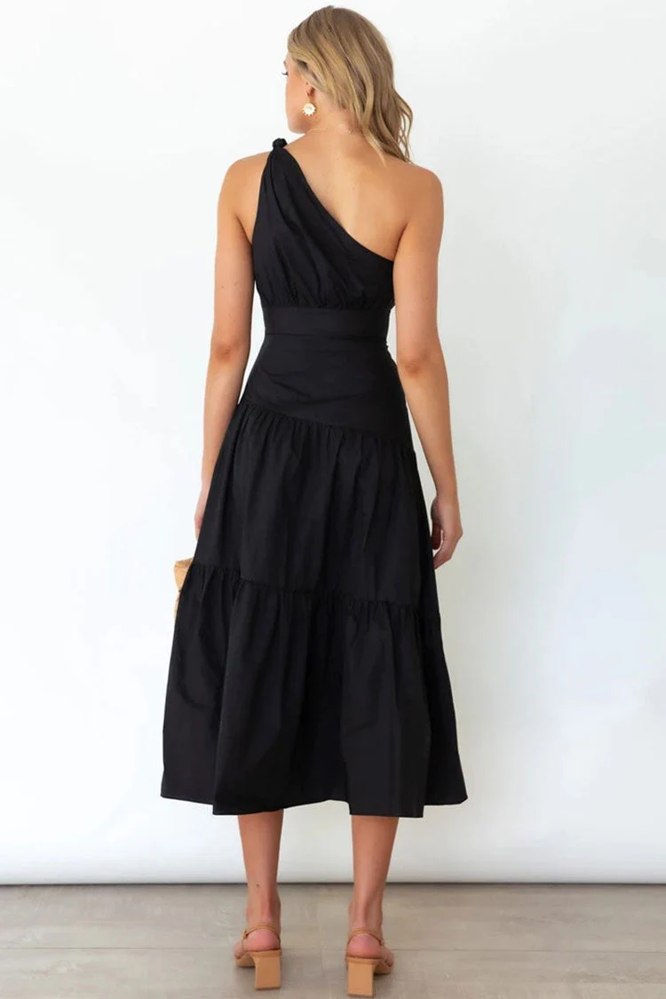 Flowy One Shoulder Tiered Beach Vacation Midi Dress - Black - Image 4