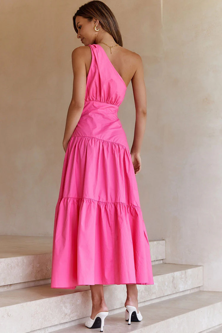 Flowy One Shoulder Tiered Beach Vacation Midi Dress - Rose - Image 3