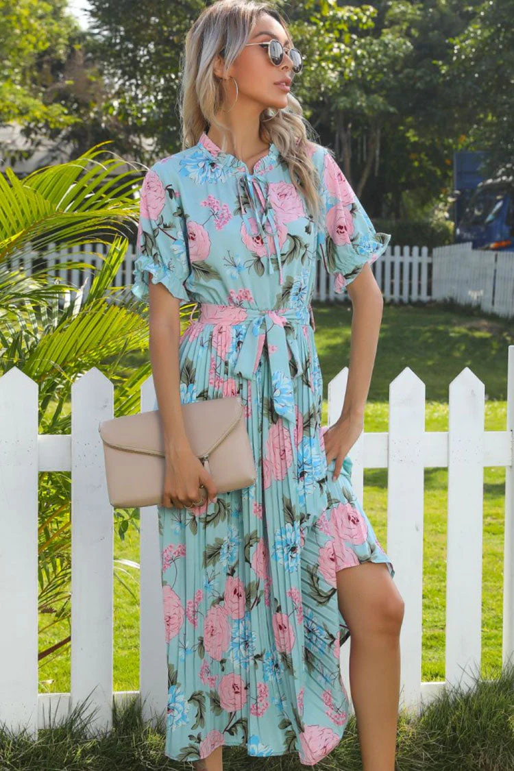 Flowy Tie Neck Puff Sleeve Pleated Floral Printed Midi Dress - Lake Blue - Image 2