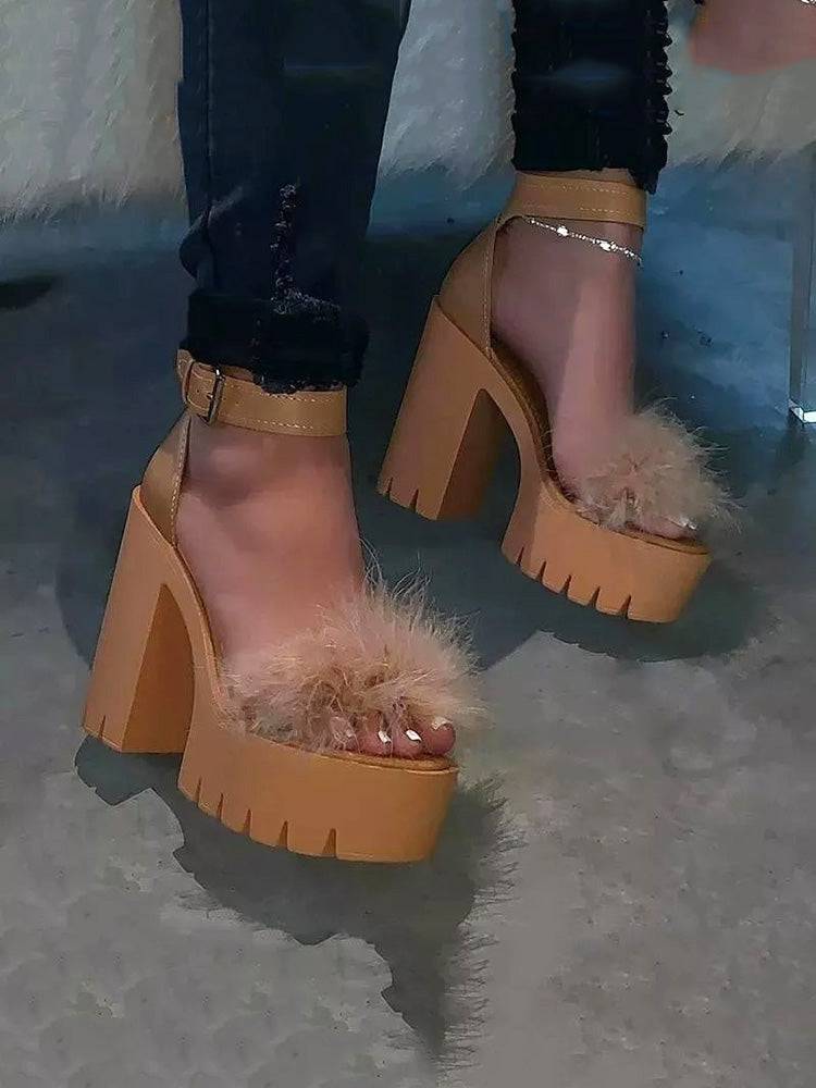 Fluffy Upper Chunky Heels Sandals - Image 4