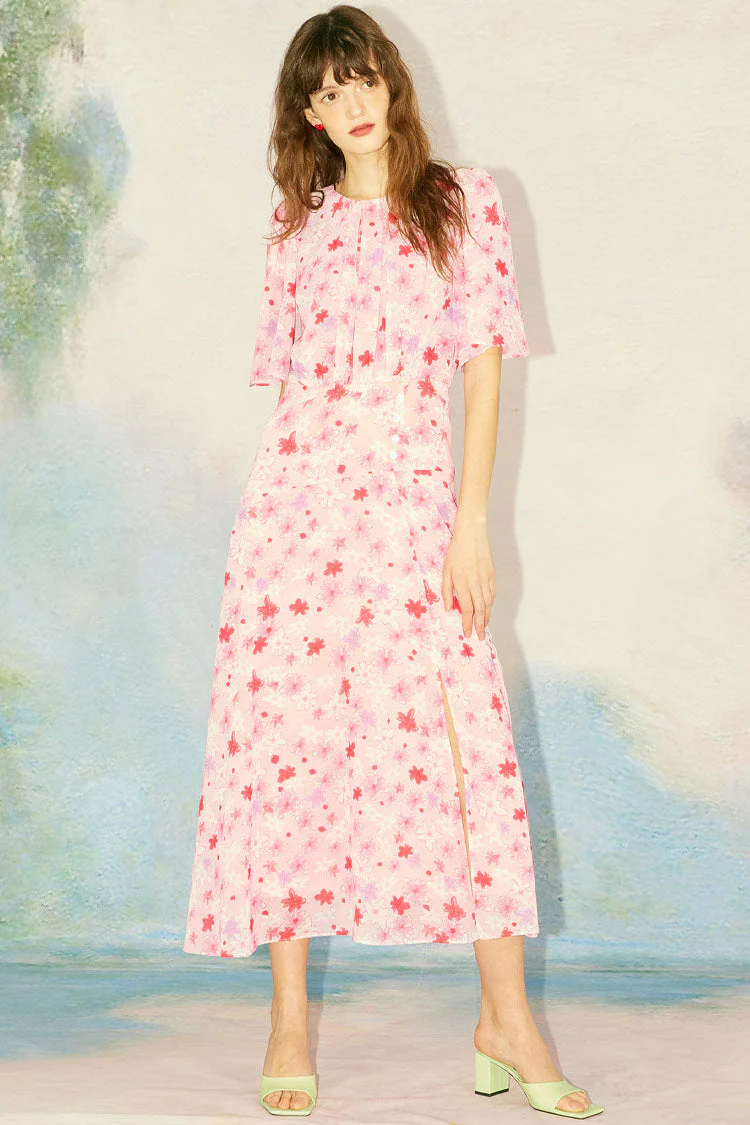 Flutter Sleeve Floral Print High Slit French Midi Dress - Pink - Image 2