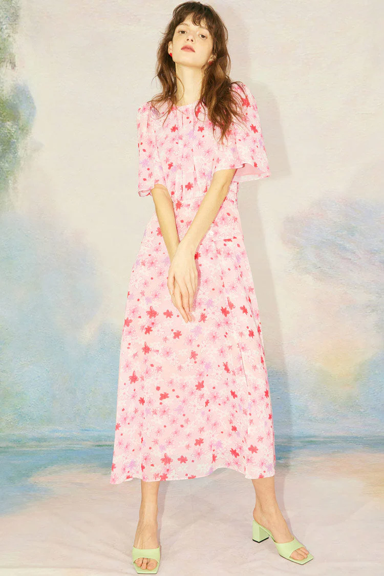 Flutter Sleeve Floral Print High Slit French Midi Dress - Pink - Image 3