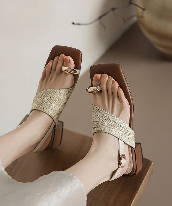 French Apricot Sheepskin Flip Flops Splicing Chunky Heel Sandals - Image 2