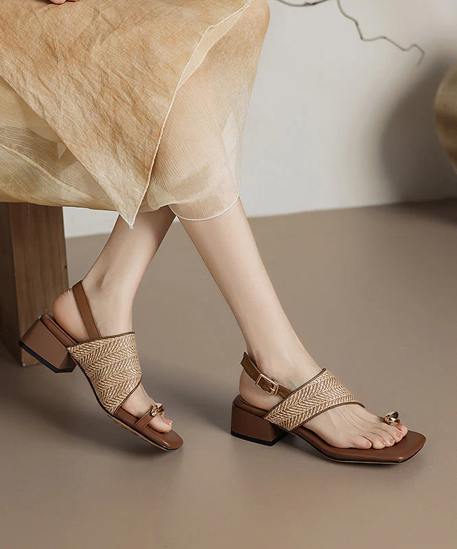 French Apricot Sheepskin Flip Flops Splicing Chunky Heel Sandals - Image 3