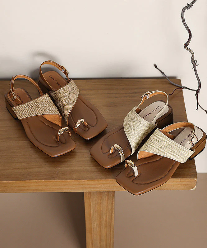 French Apricot Sheepskin Flip Flops Splicing Chunky Heel Sandals - Image 5