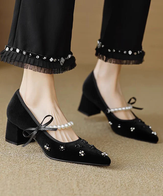 French Black Pointed Toe Chunky Heel Velour Nail Bead - Image 2