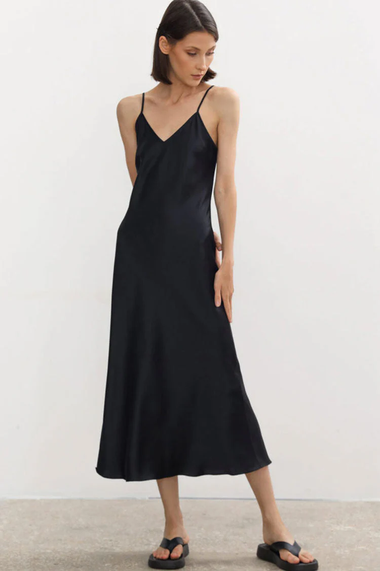French Chic V Neck Spaghetti Strap Satin Slip Midi Dress - Black - Image 2