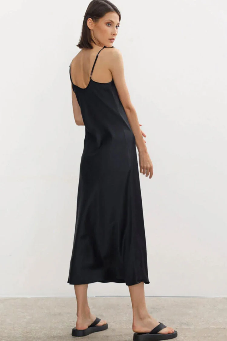 French Chic V Neck Spaghetti Strap Satin Slip Midi Dress - Black - Image 3