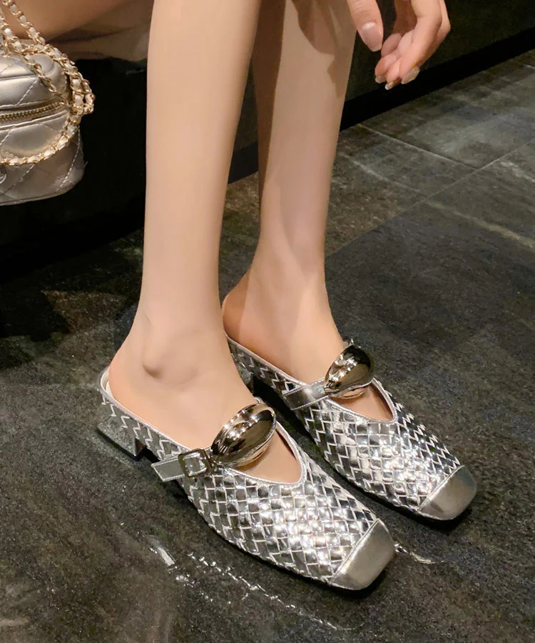 French Gold Splicing Chunky Slide Sandals Square Toe - Image 2