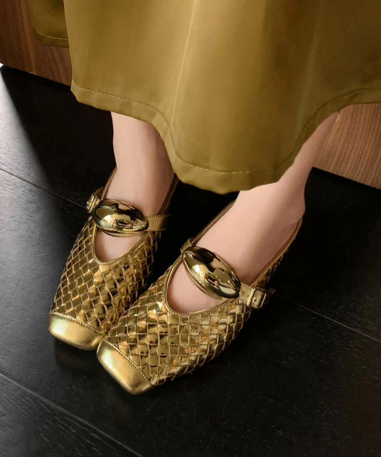 French Gold Splicing Chunky Slide Sandals Square Toe - Image 3