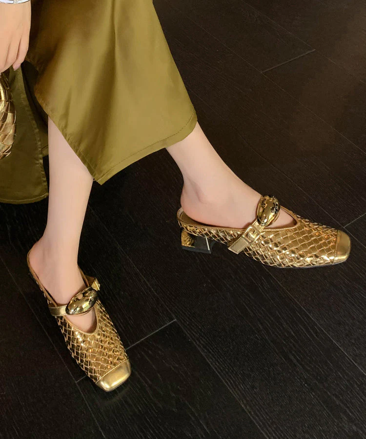 French Gold Splicing Chunky Slide Sandals Square Toe - Image 5