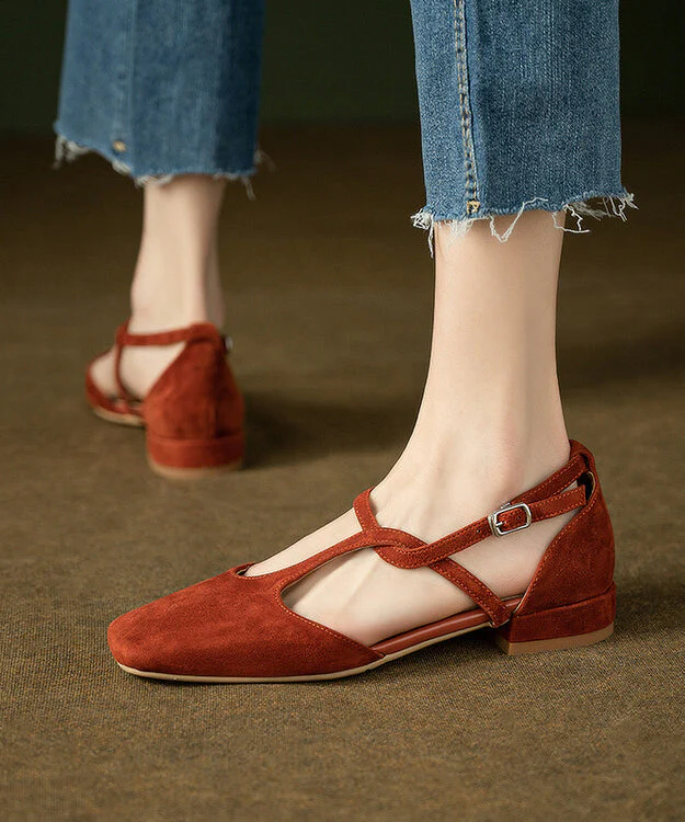 French Green Hollow Out Cross Strap Splicing Suede Sandals - Image 2