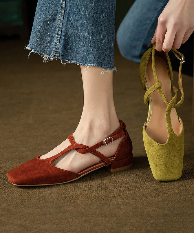 French Green Hollow Out Cross Strap Splicing Suede Sandals - Image 4