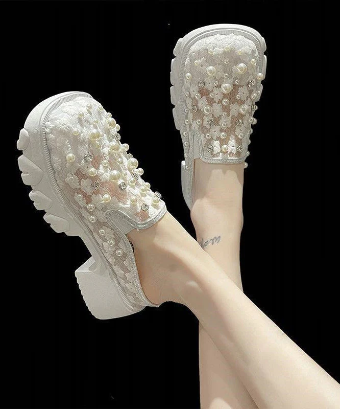 French Platform Slide Sandals Nail Bead Black Breathable Mesh - Image 2