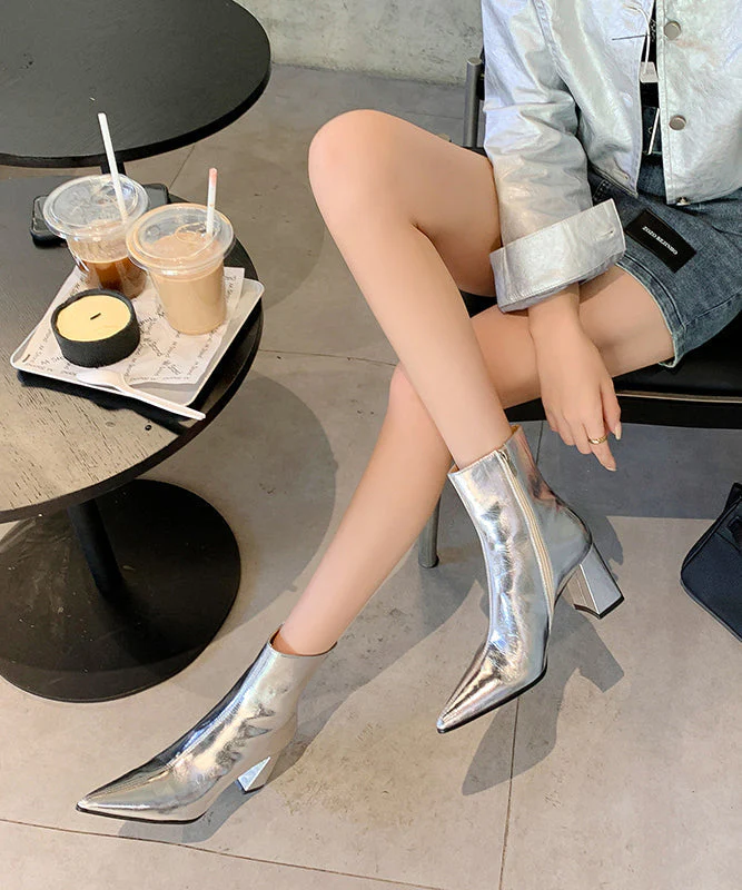 French Splicing Chunky Boots Silver Cowhide Leather Pointed Toe - Image 3