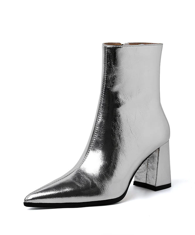 French Splicing Chunky Boots Silver Cowhide Leather Pointed Toe - Image 5